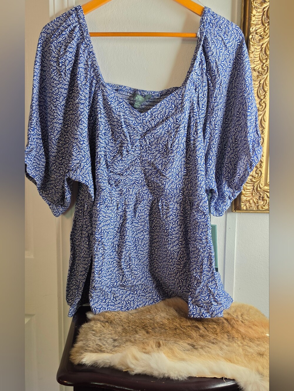 Terra & Sky Blue White Printed Peasant Blouse